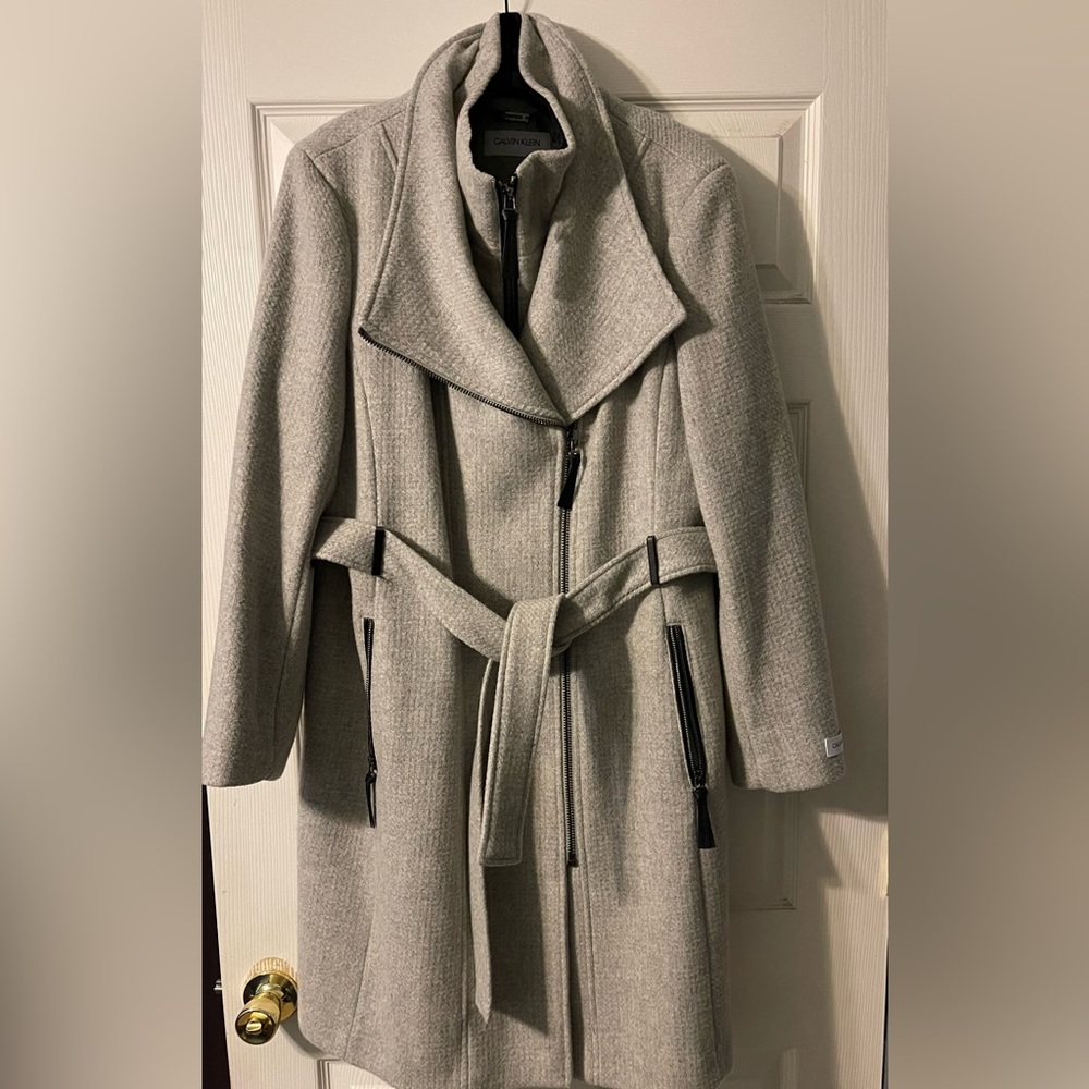 🖤 Calvin Klein Gray Wool Blend Coat | Belted Wrap Zip Front Jacket PXXL EUC ✨